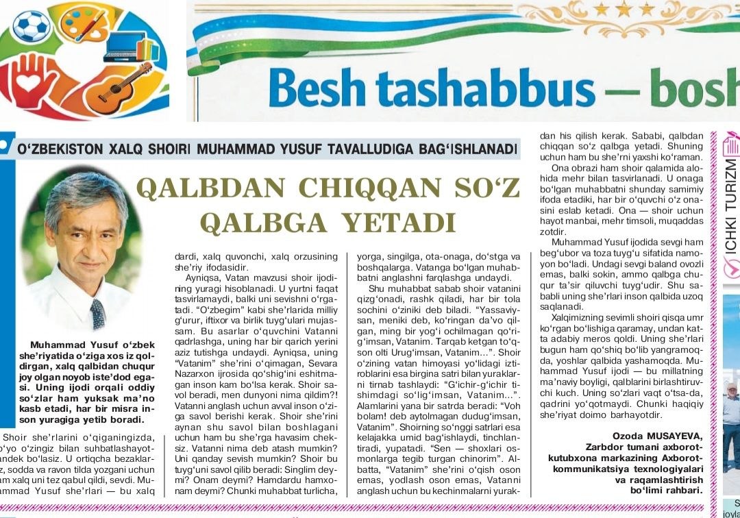 Qalbdan chiqqan so`z qalbga yetadi